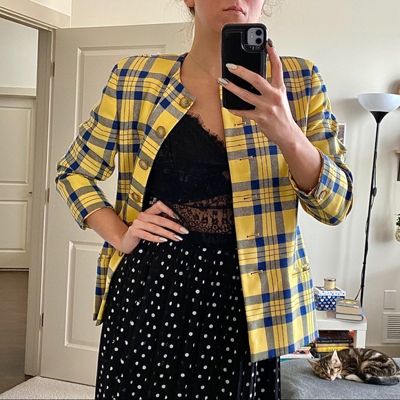 🍁Bright yellow Checkered Wool Jacket - Picture 9 of 13